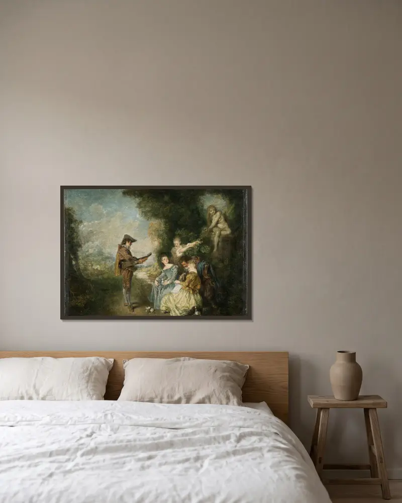 Die Liebeslehre von Jean-Antoine Watteau gerahmt an einer Wand