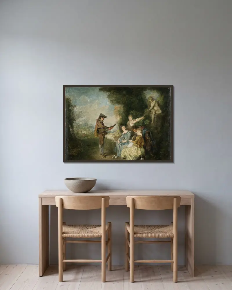 Die Liebeslehre von Jean-Antoine Watteau gerahmt an einer Wand