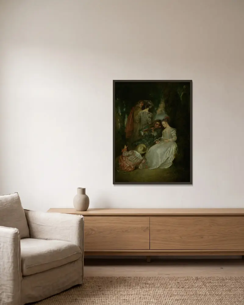 The Perfect Accord av Jean-Antoine Watteau inramad på en vägg