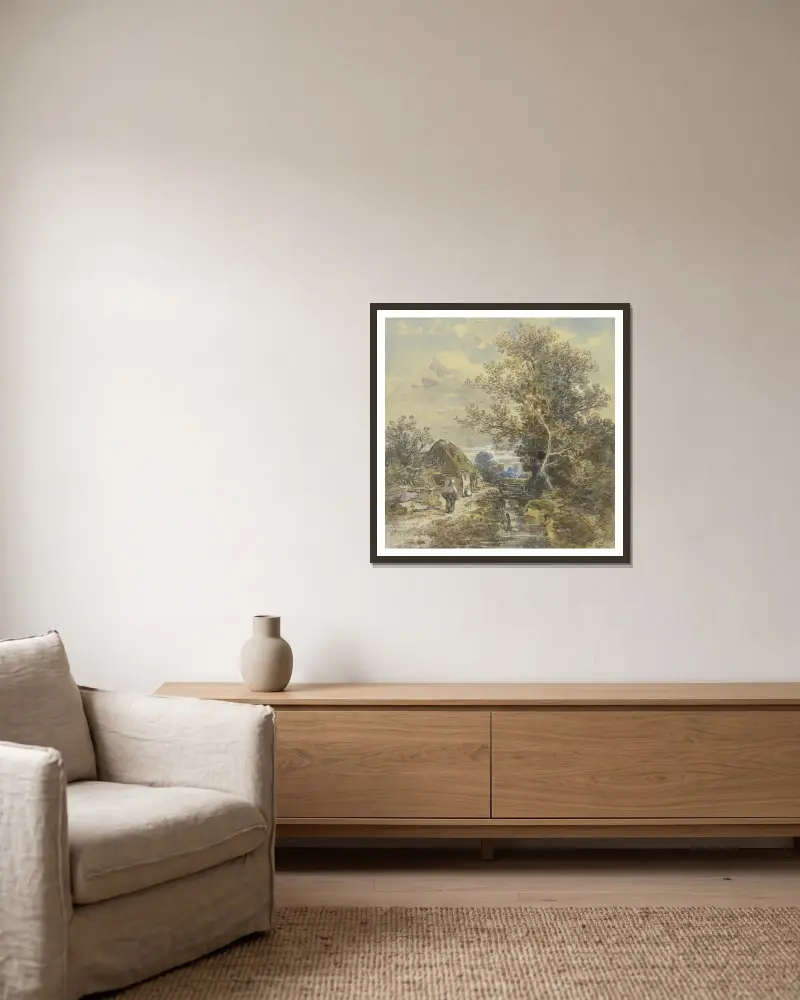 Baum und Bauernhaus am Bach mit einer Frau von Anton Burger gerahmt an einer Wand