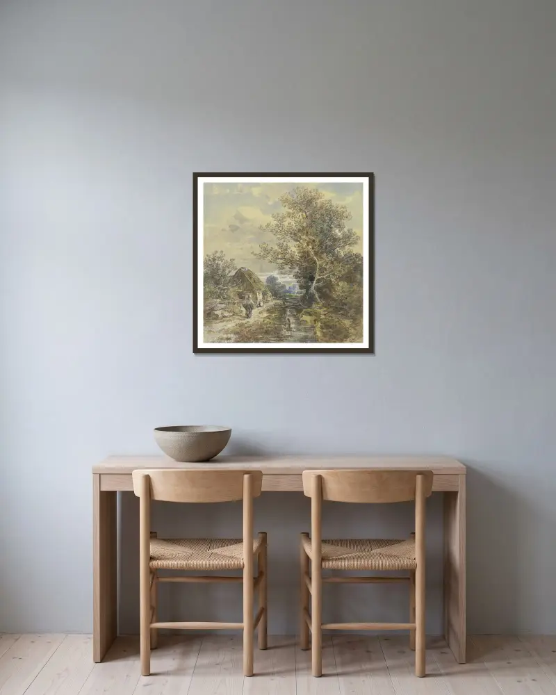 Baum und Bauernhaus am Bach mit einer Frau von Anton Burger gerahmt an einer Wand