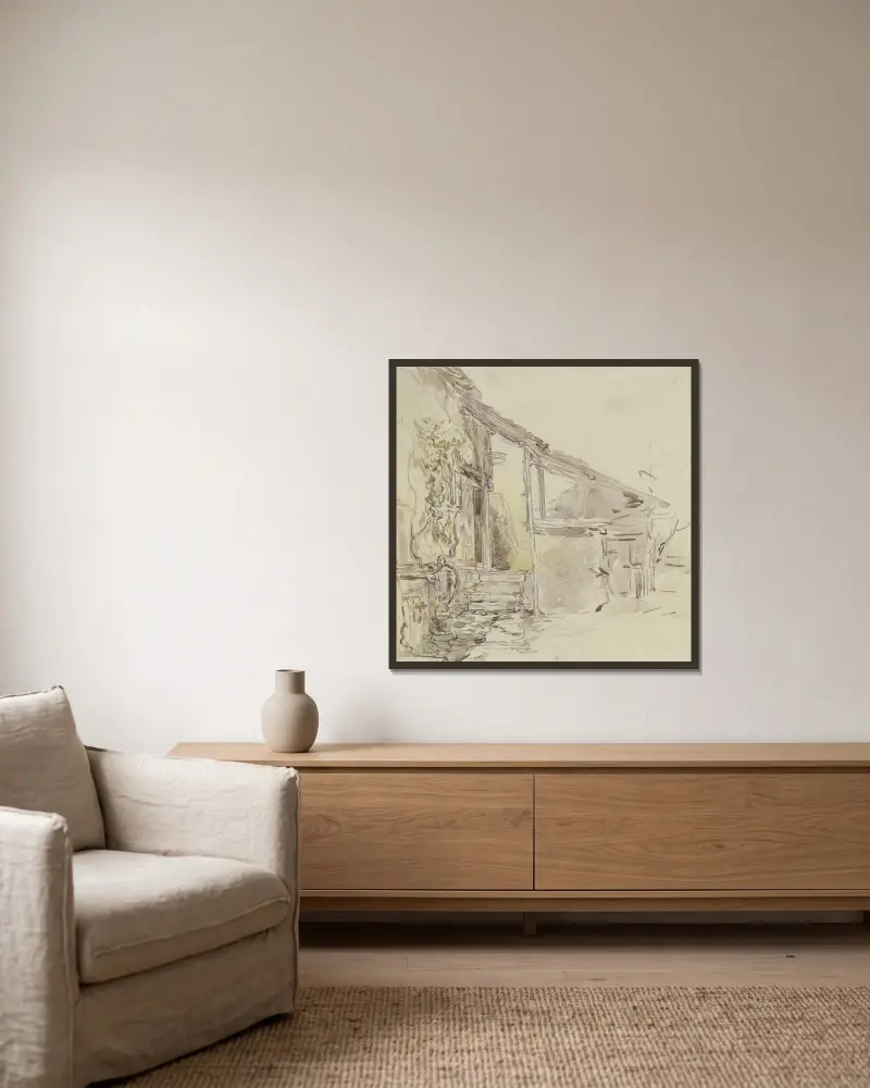Husknut med vinranka och fyra trappsteg av Anton Burger inramad på en vägg