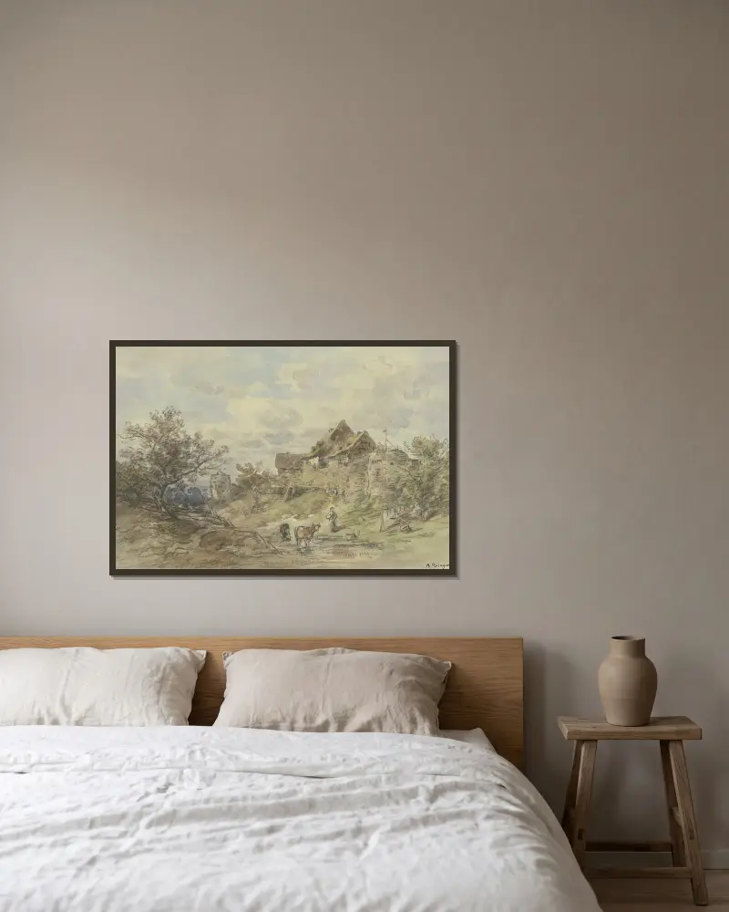 Landskap med gård, två kor och en bondkvinna i förgrunden av Anton Burger inramad på en vägg