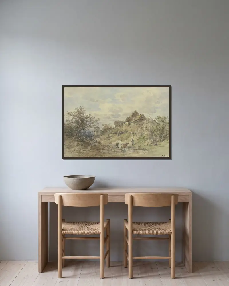 Landskap med gård, två kor och en bondkvinna i förgrunden av Anton Burger inramad på en vägg