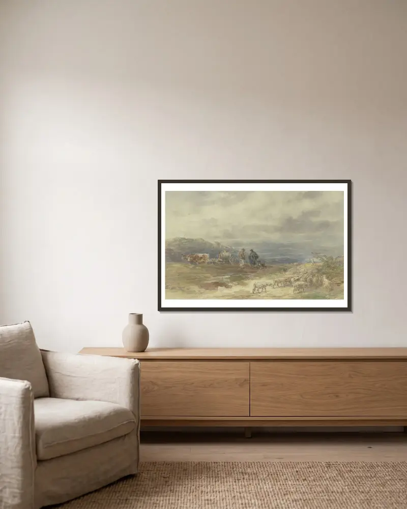 Landschaft mit Schafherde und Ochsenfuhrwerk von Anton Burger gerahmt an einer Wand