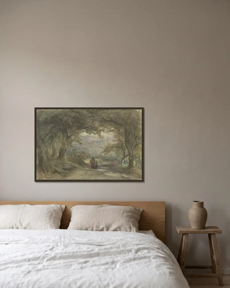 Waldweg mit Ausblick auf ein Dorf von Anton Burger gerahmt an einer Wand