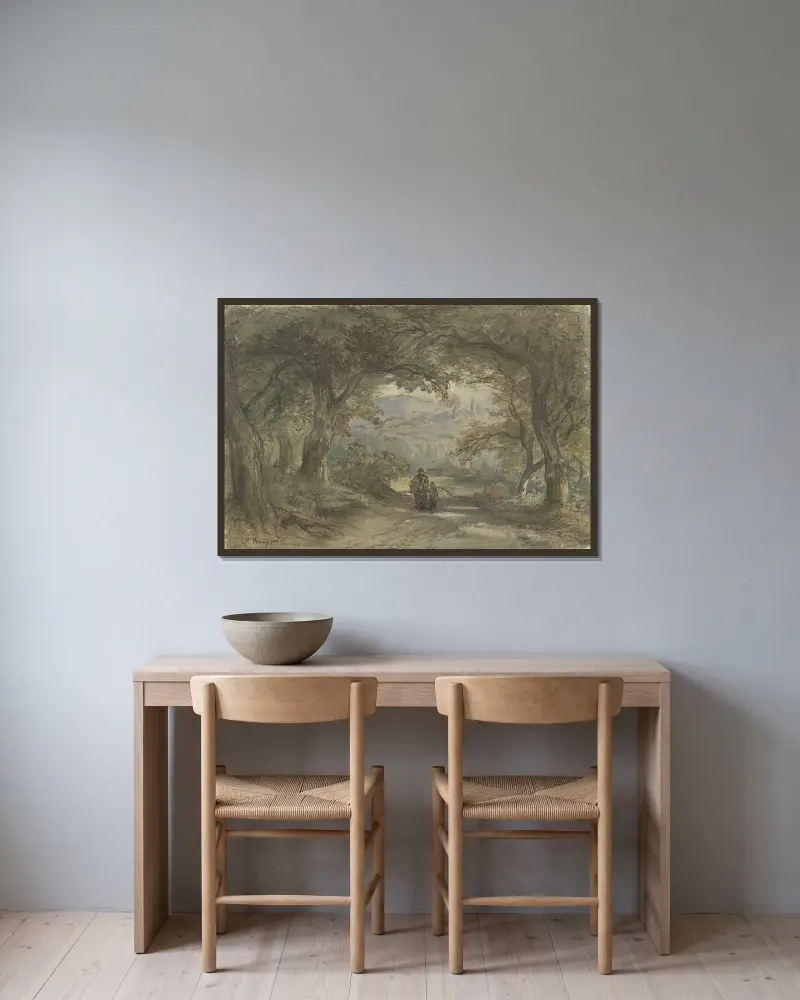 Waldweg mit Ausblick auf ein Dorf von Anton Burger gerahmt an einer Wand