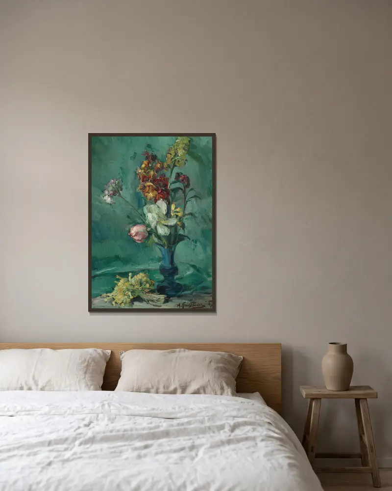 Blommor i blå vas och gullvivsbukett av Anton Faistauer inramad på en vägg
