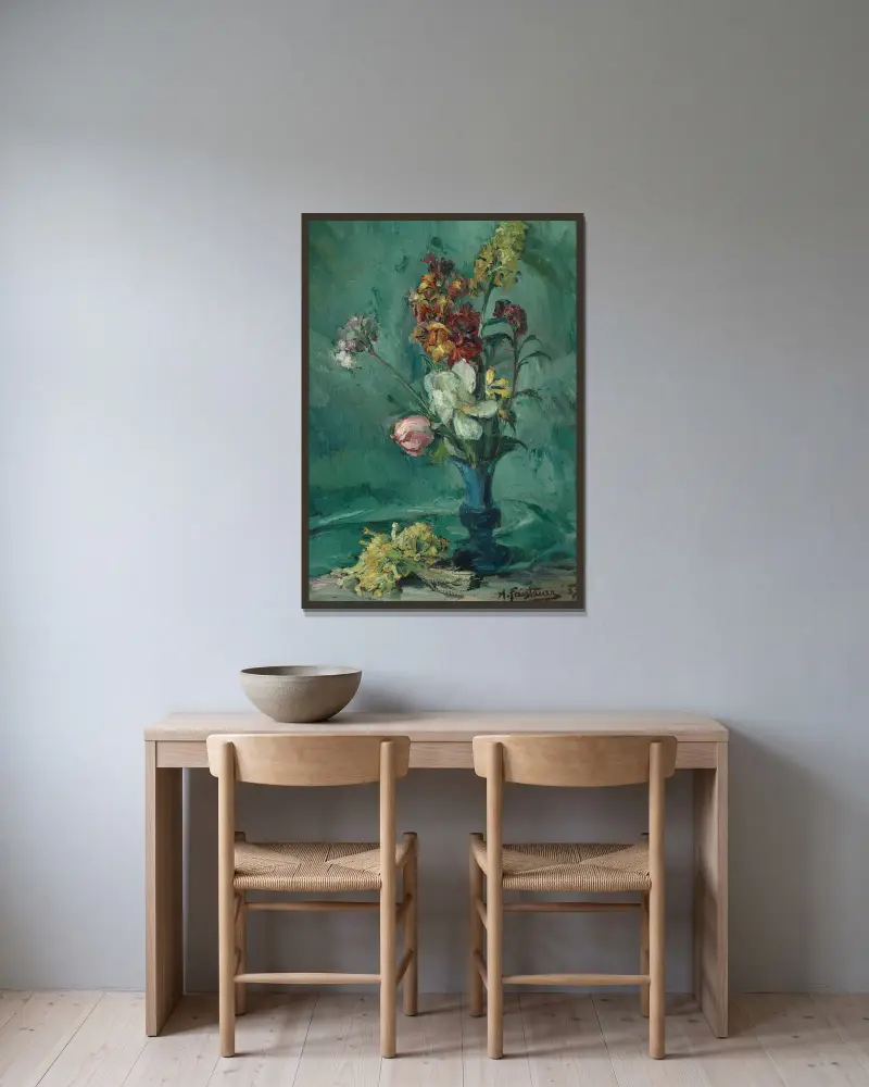 Blommor i blå vas och gullvivsbukett av Anton Faistauer inramad på en vägg