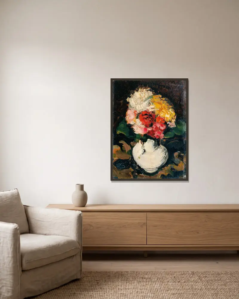 Blumenbouquet In Weißer Vase av Anton Faistauer inramad på en vägg