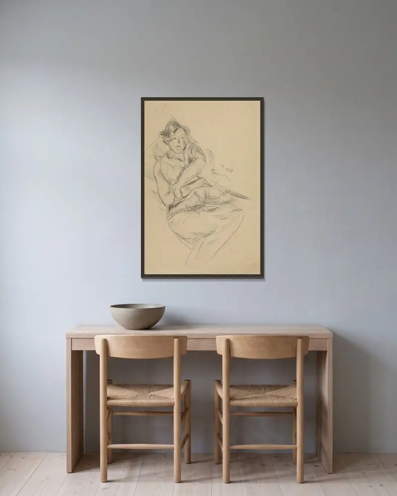 Kvinna lutad mot en grön kudde av Anton Faistauer inramad på en vägg