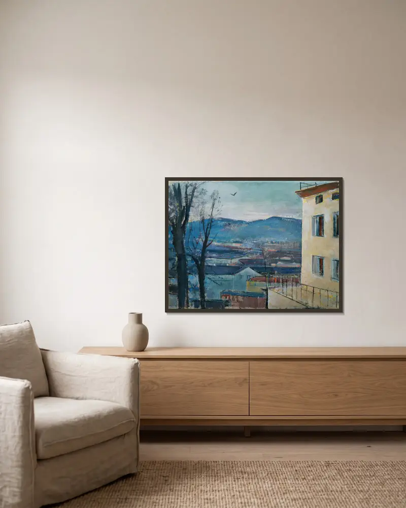 Salzburger Abendlandschaft av Anton Faistauer inramad på en vägg