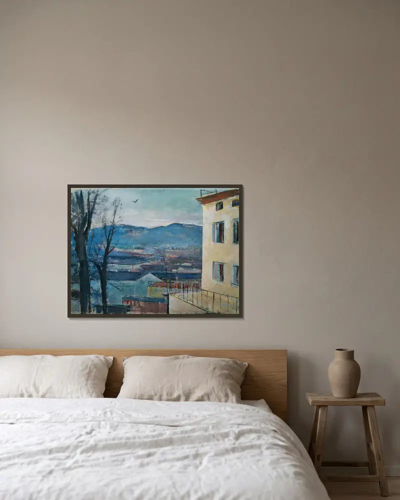 Salzburger Abendlandschaft av Anton Faistauer inramad på en vägg