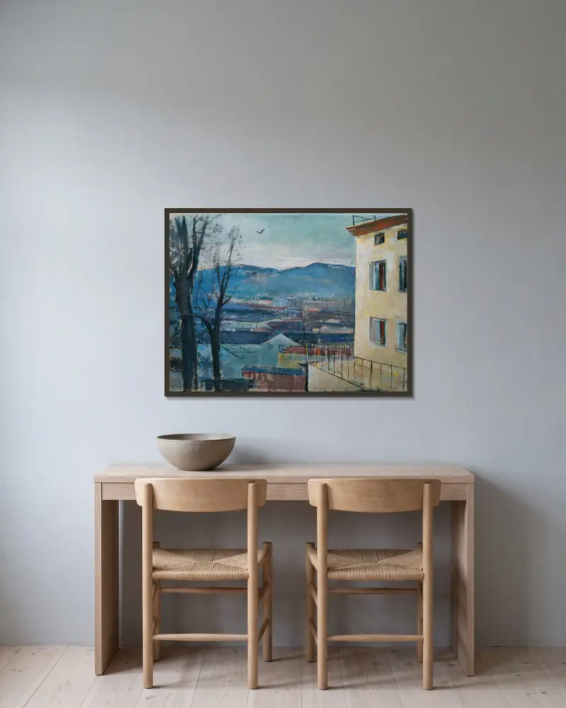 Salzburger Abendlandschaft av Anton Faistauer inramad på en vägg