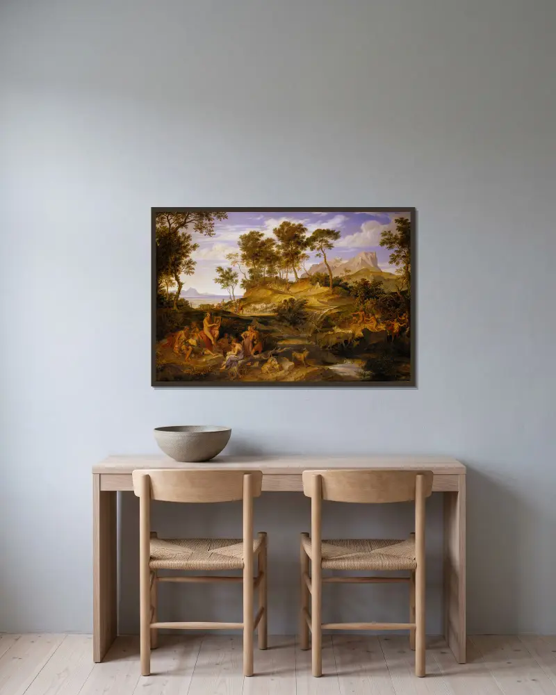 Apollo Among The Thessalian Shepherds av Joseph Anton Koch inramad på en vägg