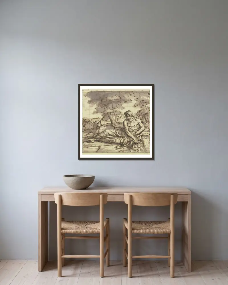 Flussgott Tiber mit Löwin, an der Quelle ruhend von Joseph Anton Koch gerahmt an einer Wand