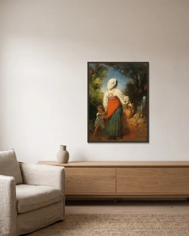 Italienerin mit Kind am Brunnen von Anton Romako gerahmt an einer Wand