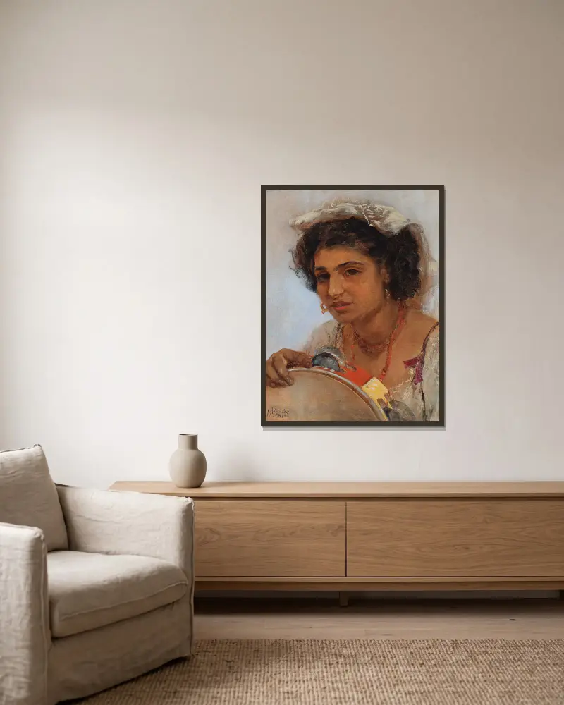 Italienisches Mädchen mit Kopftuch und Tamburin von Anton Romako gerahmt an einer Wand