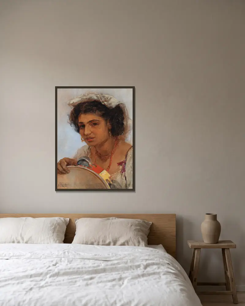 Italienisches Mädchen mit Kopftuch und Tamburin von Anton Romako gerahmt an einer Wand