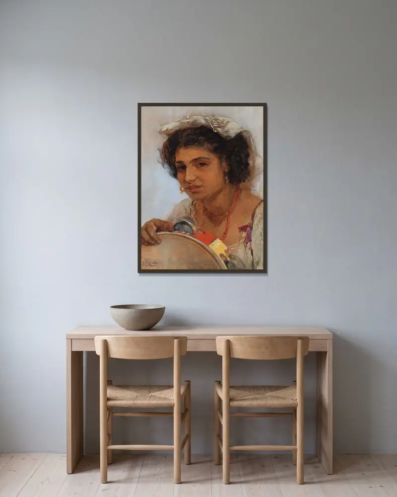 Italienisches Mädchen mit Kopftuch und Tamburin von Anton Romako gerahmt an einer Wand