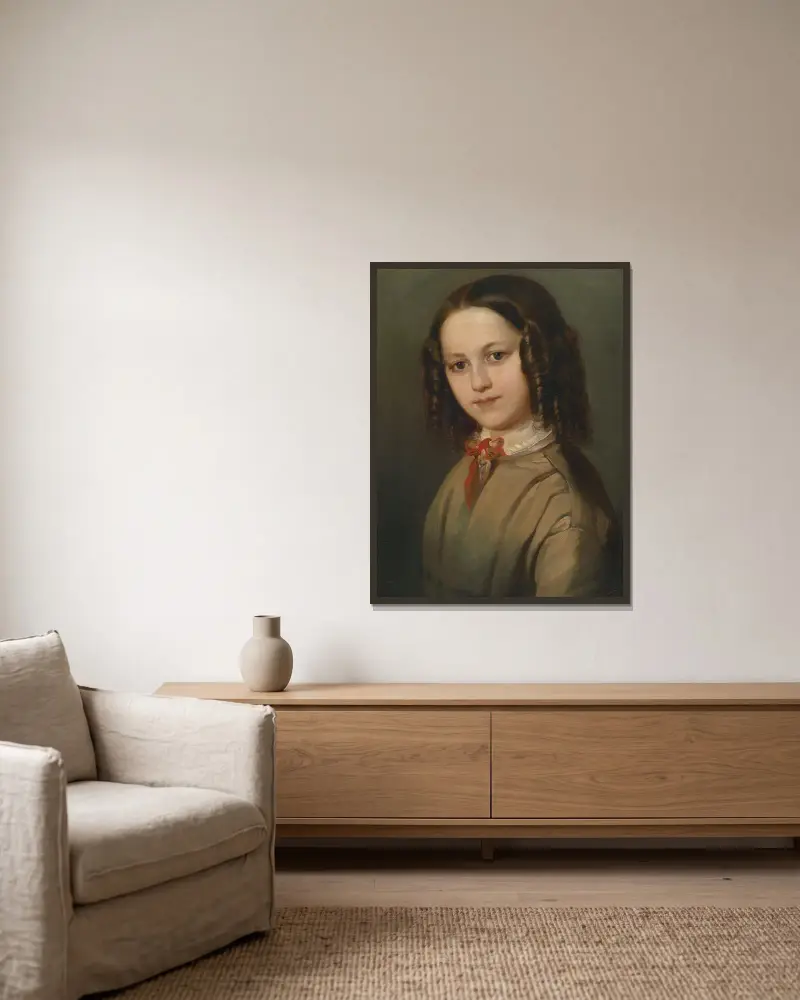 Kinderbildnis Melanie Deinhardstein von Anton Romako gerahmt an einer Wand