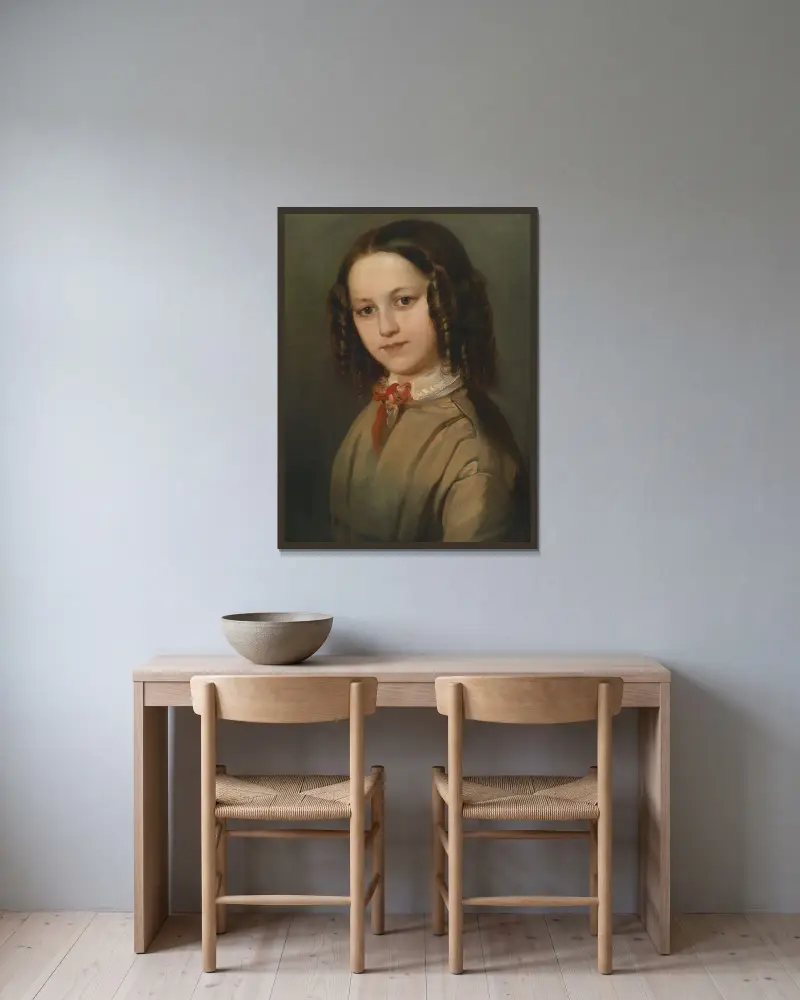 Kinderbildnis Melanie Deinhardstein von Anton Romako gerahmt an einer Wand