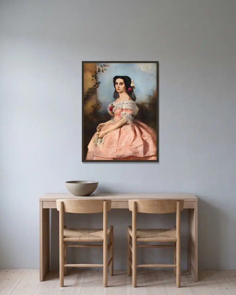 Porträtt av en elegant dam i rosa klänning av Anton Romako inramad på en vägg