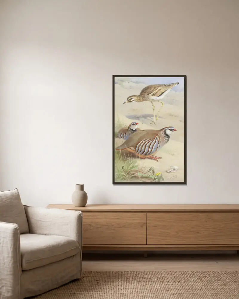 Ein Triel und ein Paar Rebhühner von Archibald Thorburn gerahmt an einer Wand