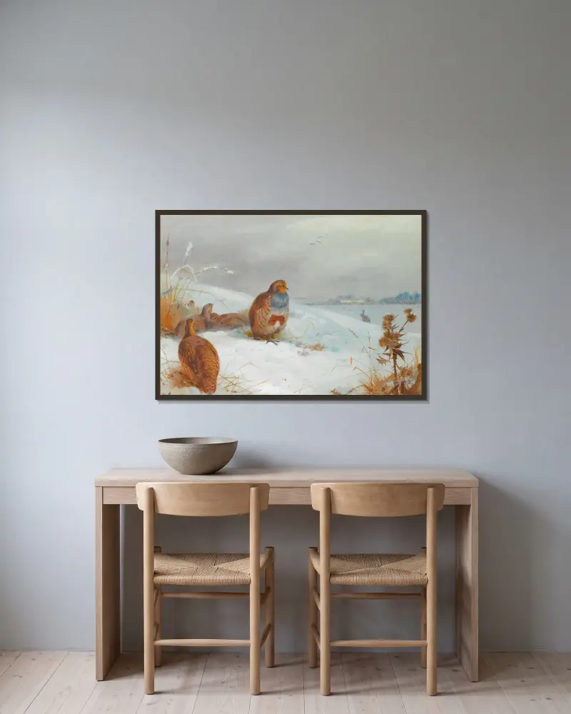 Harte Zeiten – Rebhühner und ein Hase von Archibald Thorburn gerahmt an einer Wand