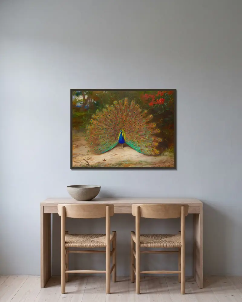 Pfau und Tagpfauenauge von Archibald Thorburn gerahmt an einer Wand