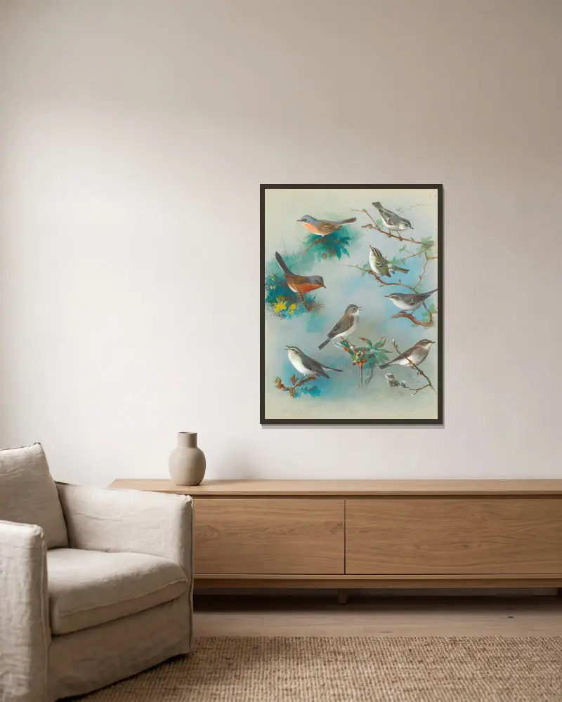 Warbler And Wrens av Archibald Thorburn inramad på en vägg