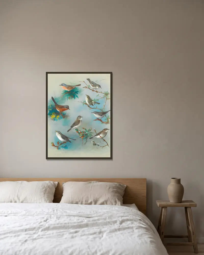 Warbler And Wrens av Archibald Thorburn inramad på en vägg