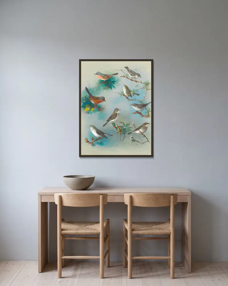 Warbler And Wrens av Archibald Thorburn inramad på en vägg