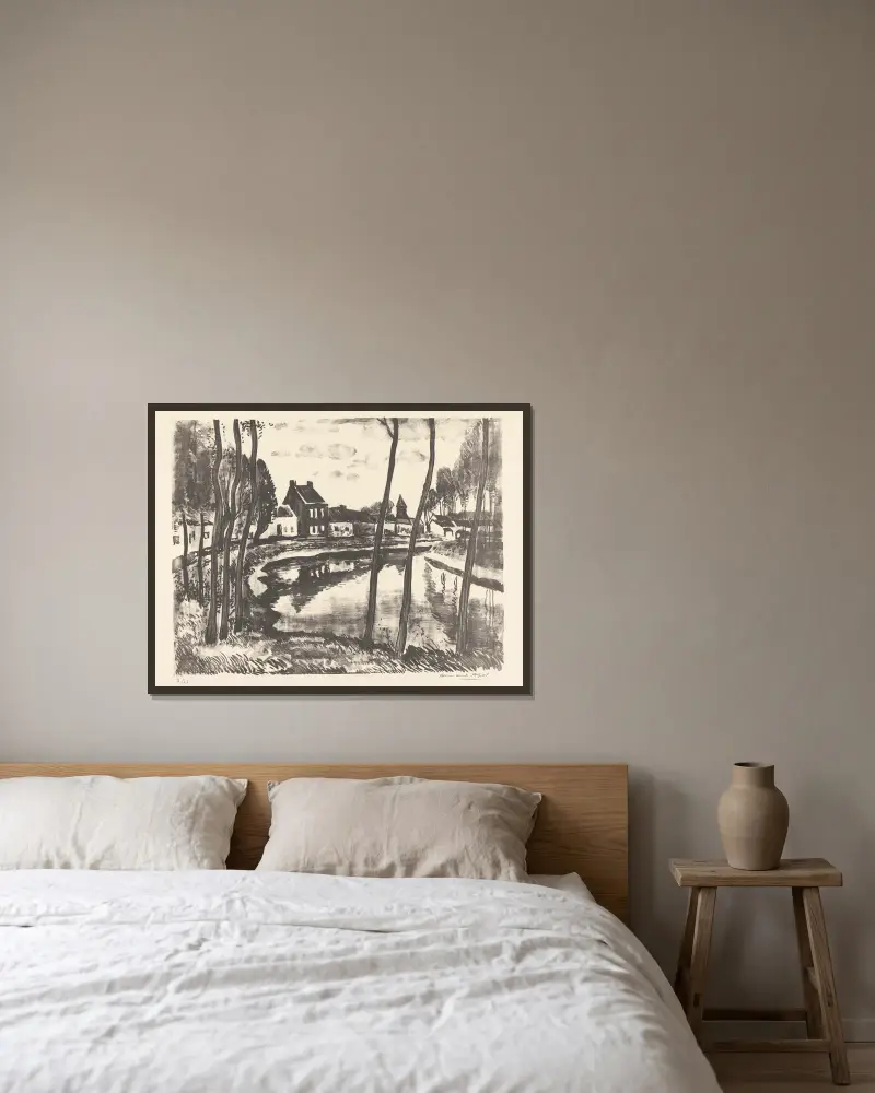 Canal et village av Armand Apol inramad på en vägg