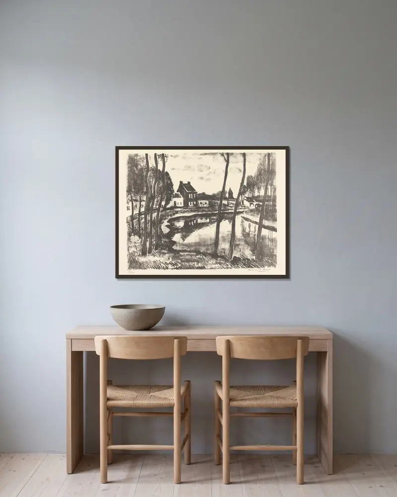 Canal et village av Armand Apol inramad på en vägg
