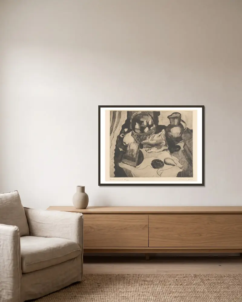 Nature morte, 1925 av Armand Apol inramad på en vägg