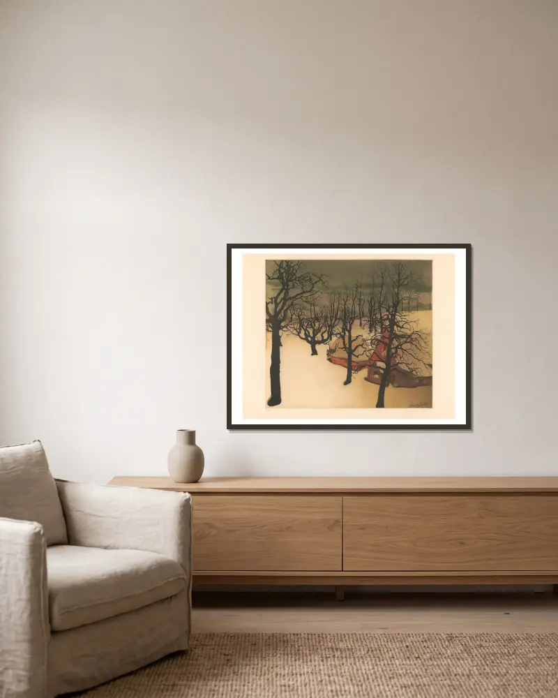 Paysage avec chaumières av Armand Apol inramad på en vägg