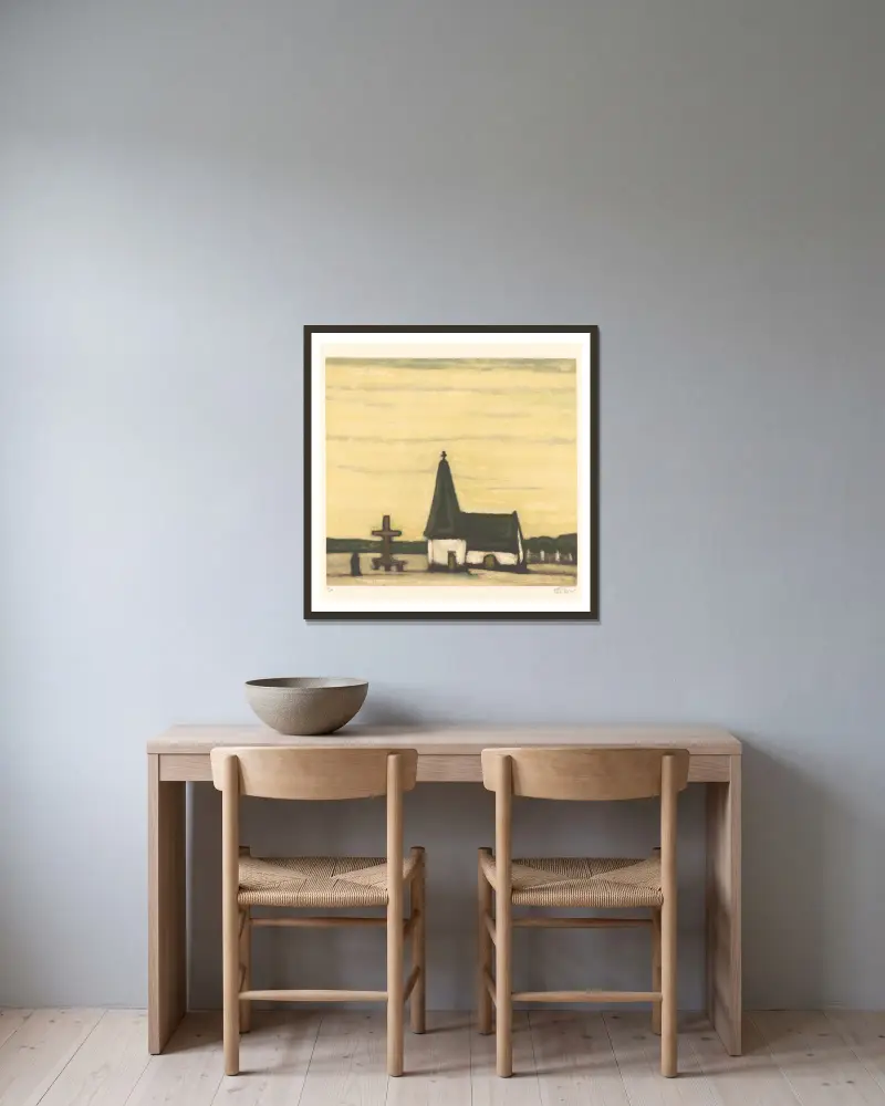 Gammal kyrka i Campine av Armand Apol inramad på en vägg