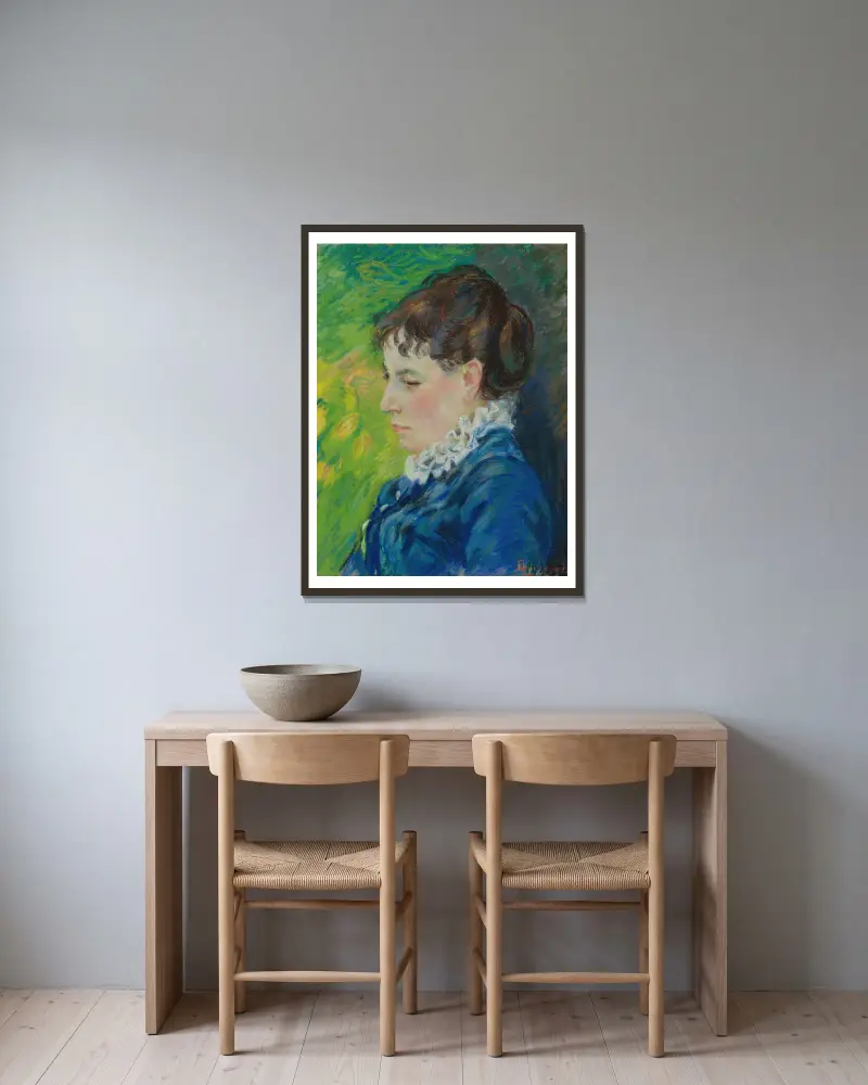 Porträtt av konstnärens hustru av Armand Guillaumin inramad på en vägg