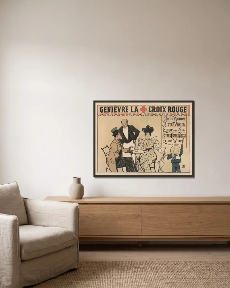 Genièvre La Croix Rouge. Amer Wodon, Bitter Wodon von Armand Rassenfosse gerahmt an einer Wand