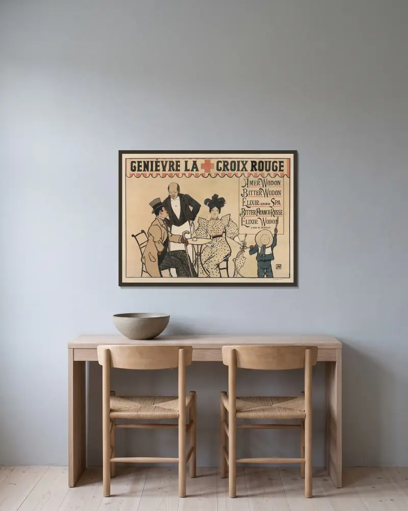 Genièvre La Croix Rouge. Amer Wodon, Bitter Wodon von Armand Rassenfosse gerahmt an einer Wand