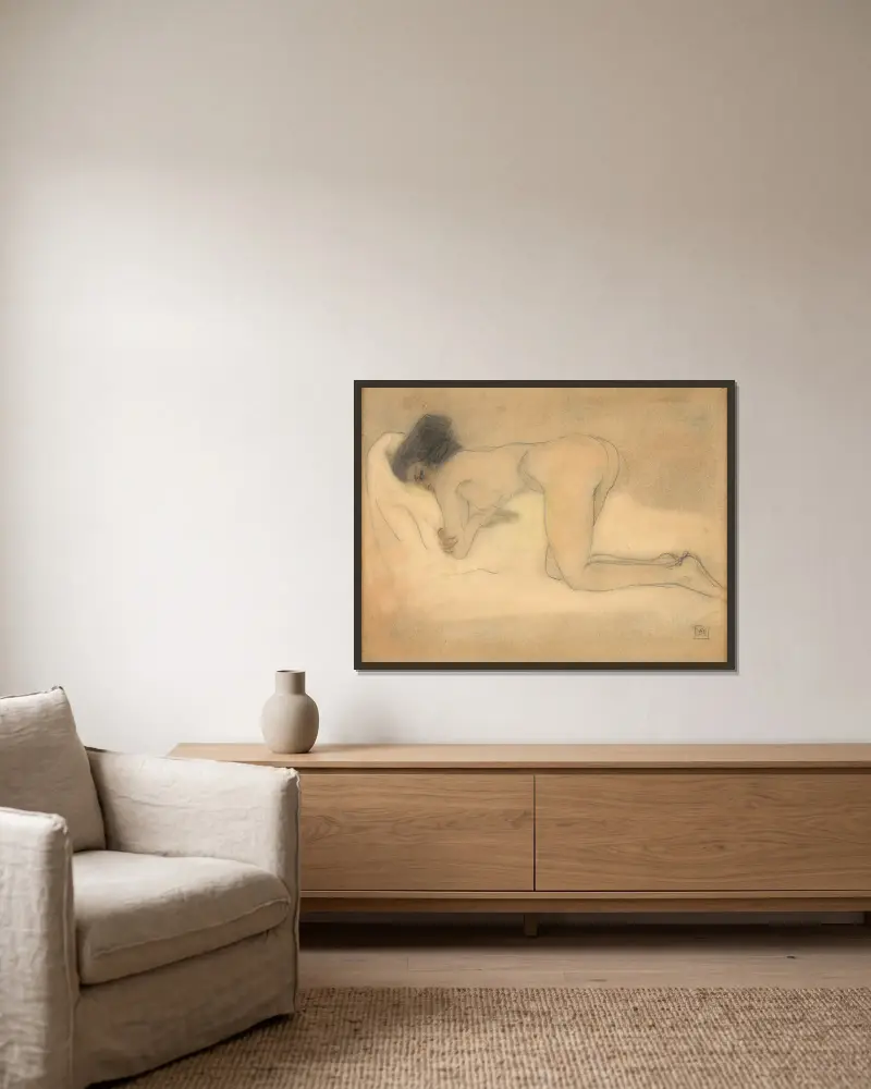 Nackte Frau in der Hocke von Armand Rassenfosse gerahmt an einer Wand