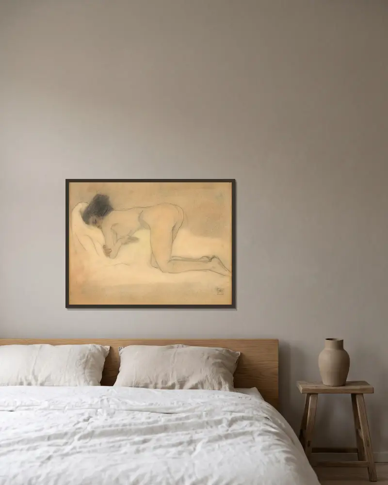 Nackte Frau in der Hocke von Armand Rassenfosse gerahmt an einer Wand