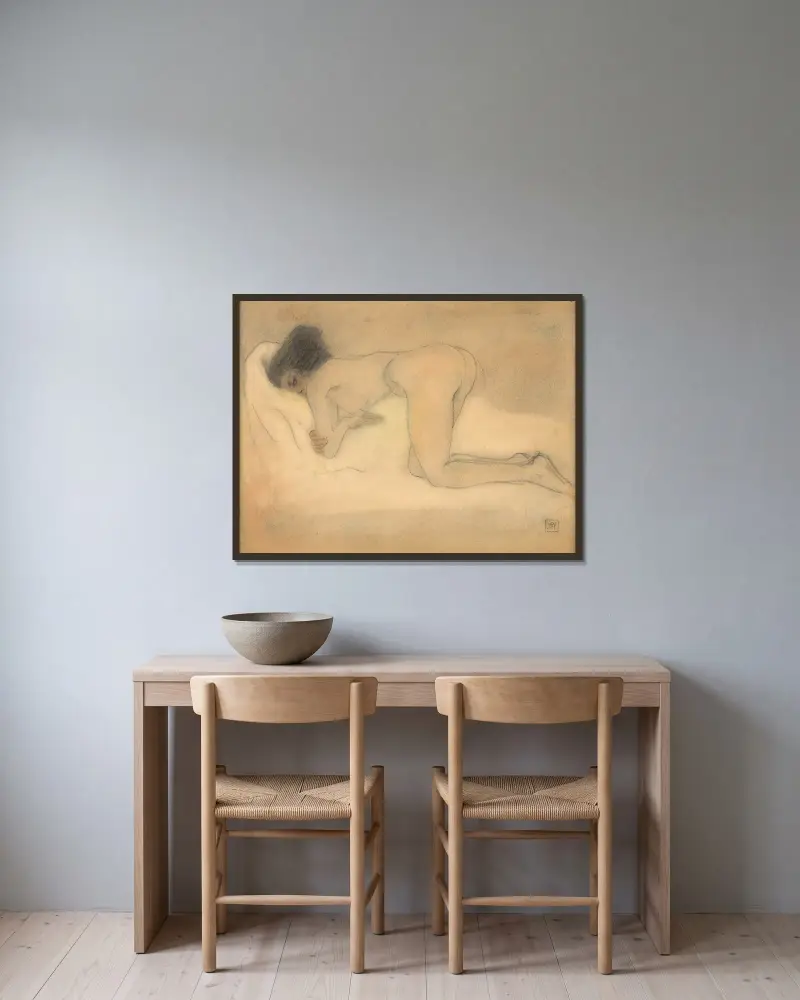Nackte Frau in der Hocke von Armand Rassenfosse gerahmt an einer Wand