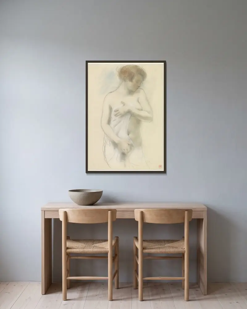 Stehende nackte Frau von Armand Rassenfosse gerahmt an einer Wand
