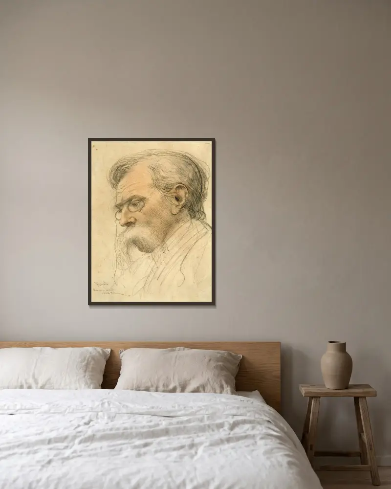 Studie till porträtt av författaren Émile Verhaeren av Armand Rassenfosse inramad på en vägg