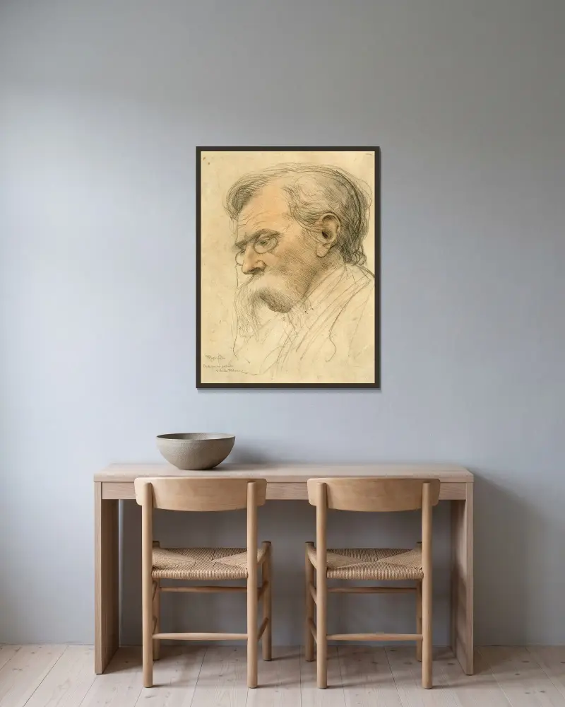 Studie till porträtt av författaren Émile Verhaeren av Armand Rassenfosse inramad på en vägg