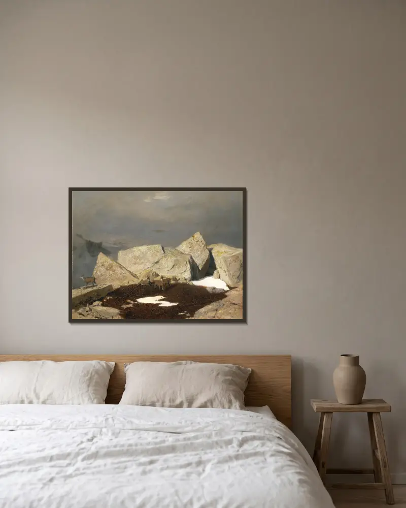 Mountain Landscape with Chamois av Arnold Böcklin inramad på en vägg