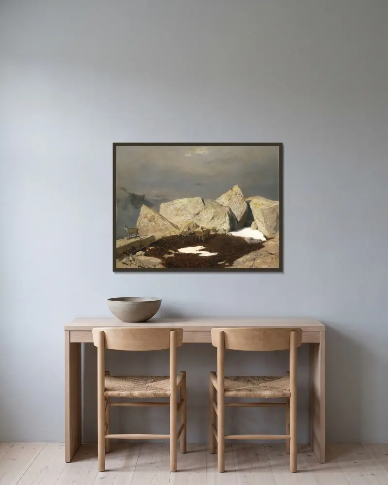 Mountain Landscape with Chamois av Arnold Böcklin inramad på en vägg