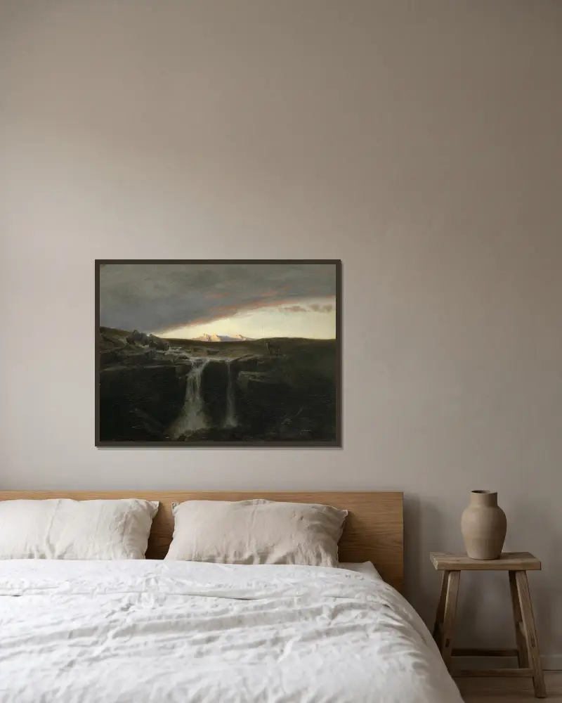 Horská krajina s vodopádem, Arnold Böcklin v rámu na stěně